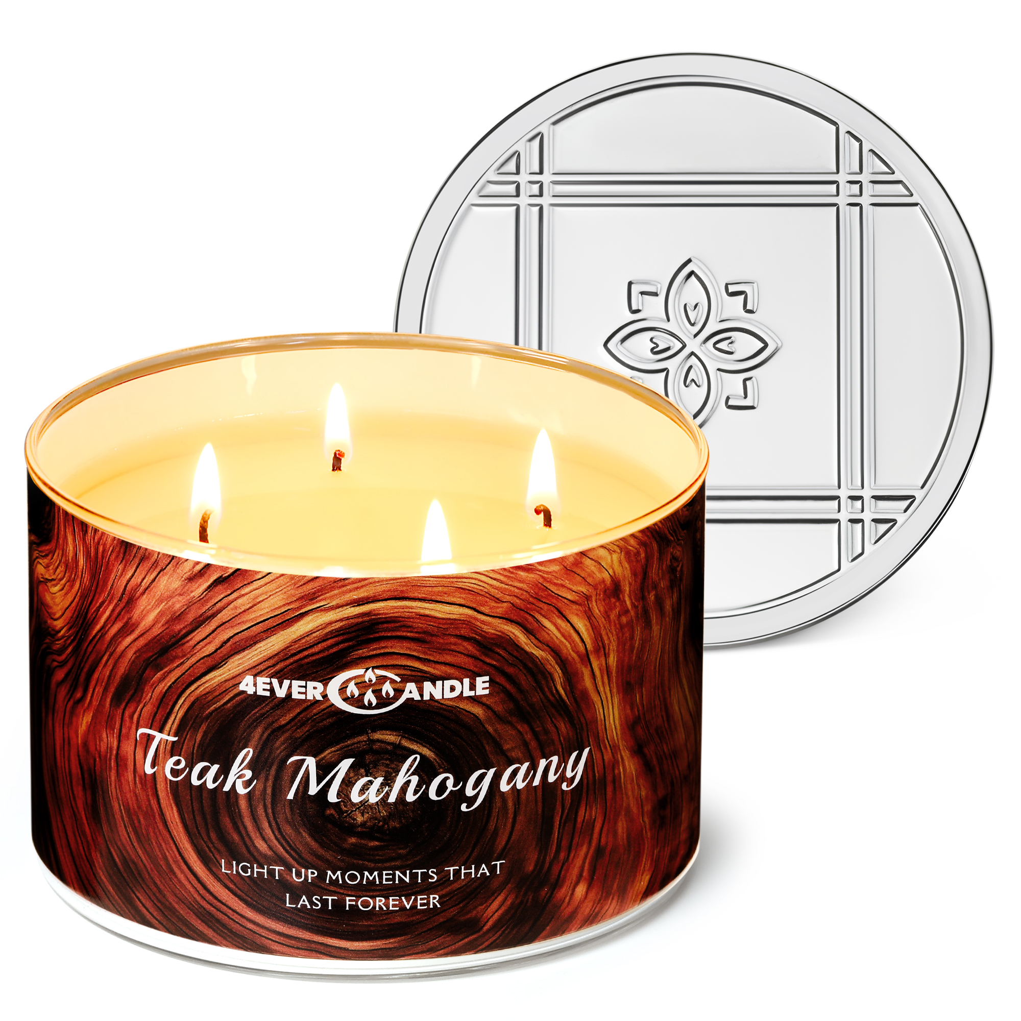 Picture of 4EVER CANDLE Soy Wax Blend Candle for Home, 4-Wick Candles in Teakwood & Mahogany Scented, Aromatherapy Candles Gift for Parties, Relaxing, Over 50 Hours of Burn Time, 18oz