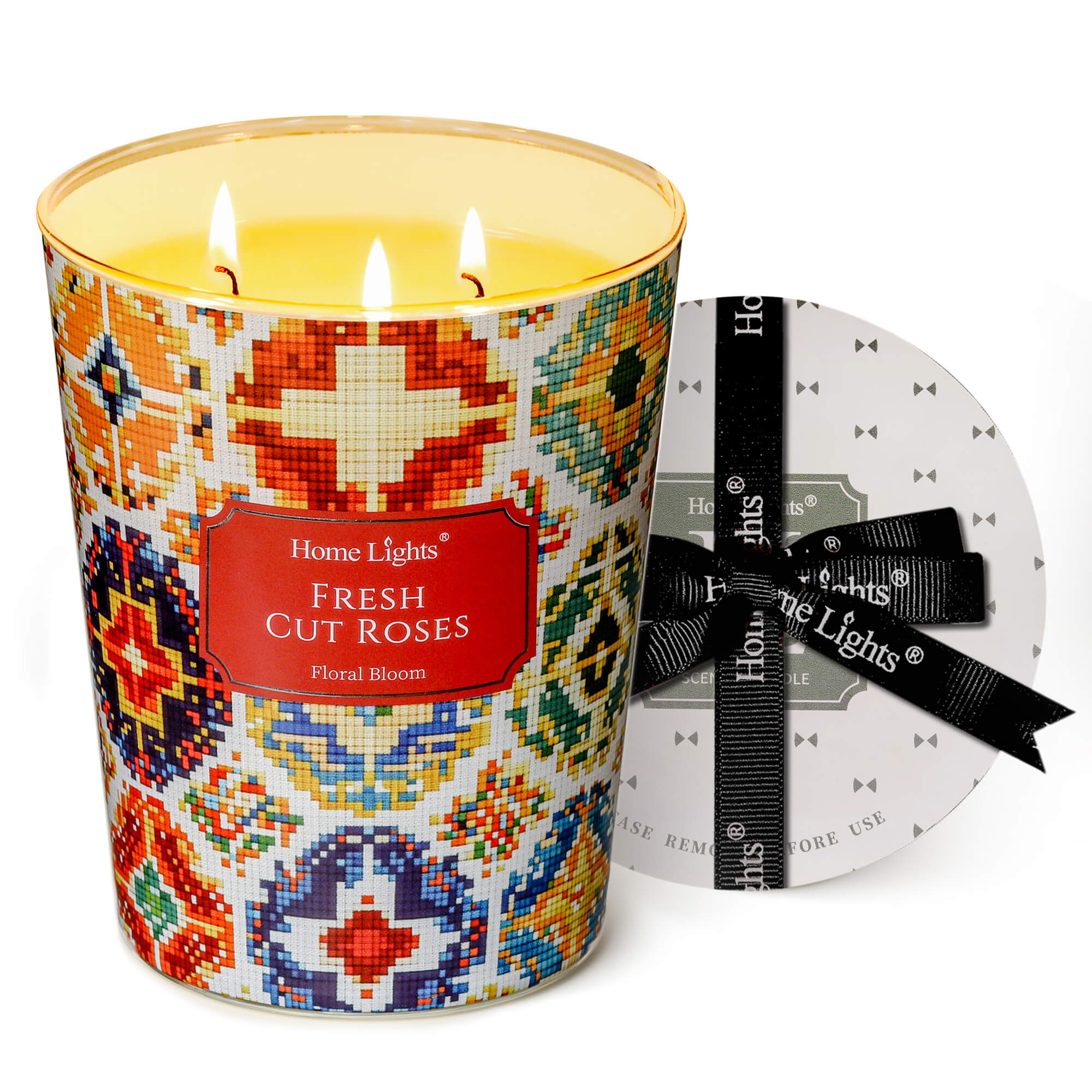 Picture of HomeLights 3-Wick Candles for Home Scented - 34oz Soy Wax Blend Candle Long-Lasting Fragrance, Bohemian Natural Textures Home Decor and Housewarming Gifts, Fresh Cut Roses