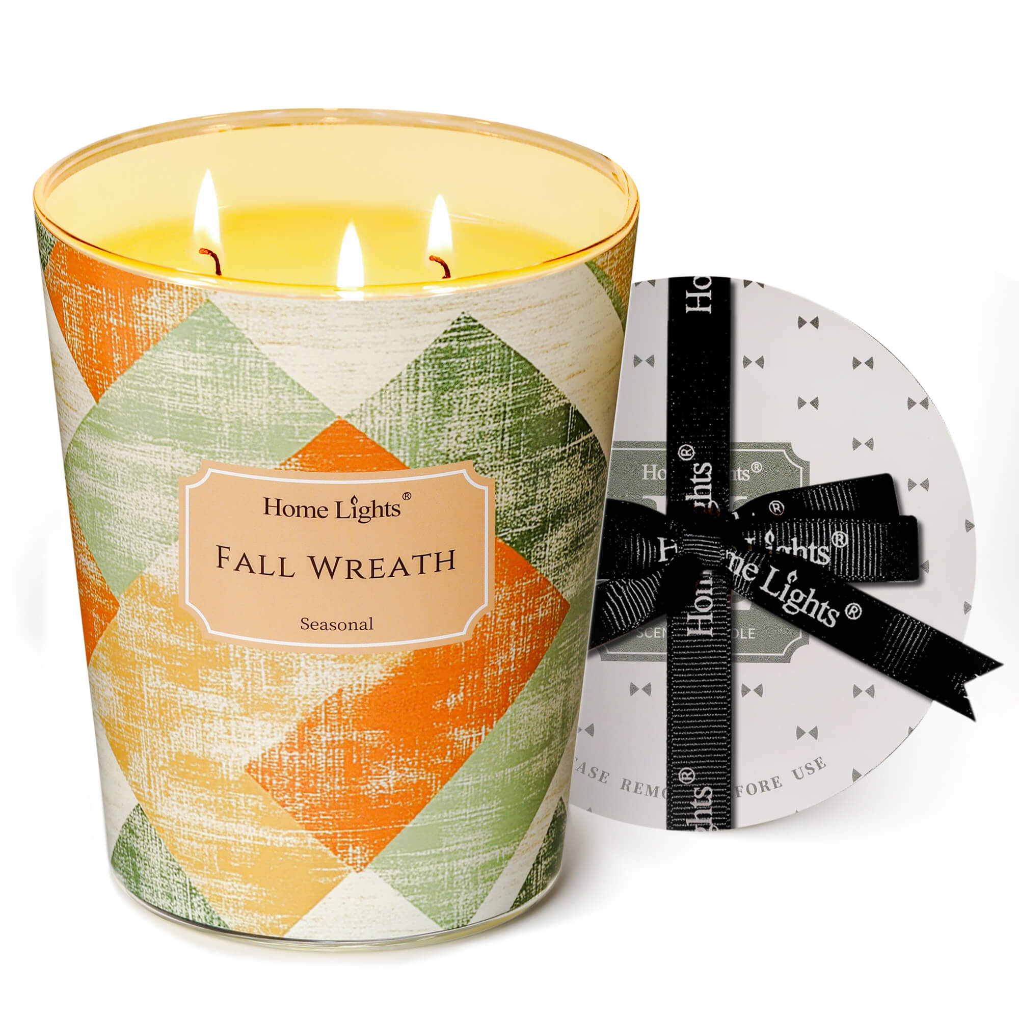 Picture of HomeLights Large jar Candle | 3-Wick Long-Lasting Scented Candles, 34oz Natural Soy Wax Candle for Home Scented, Rustic Modern Gifts for Women & Men, Fall Wreath