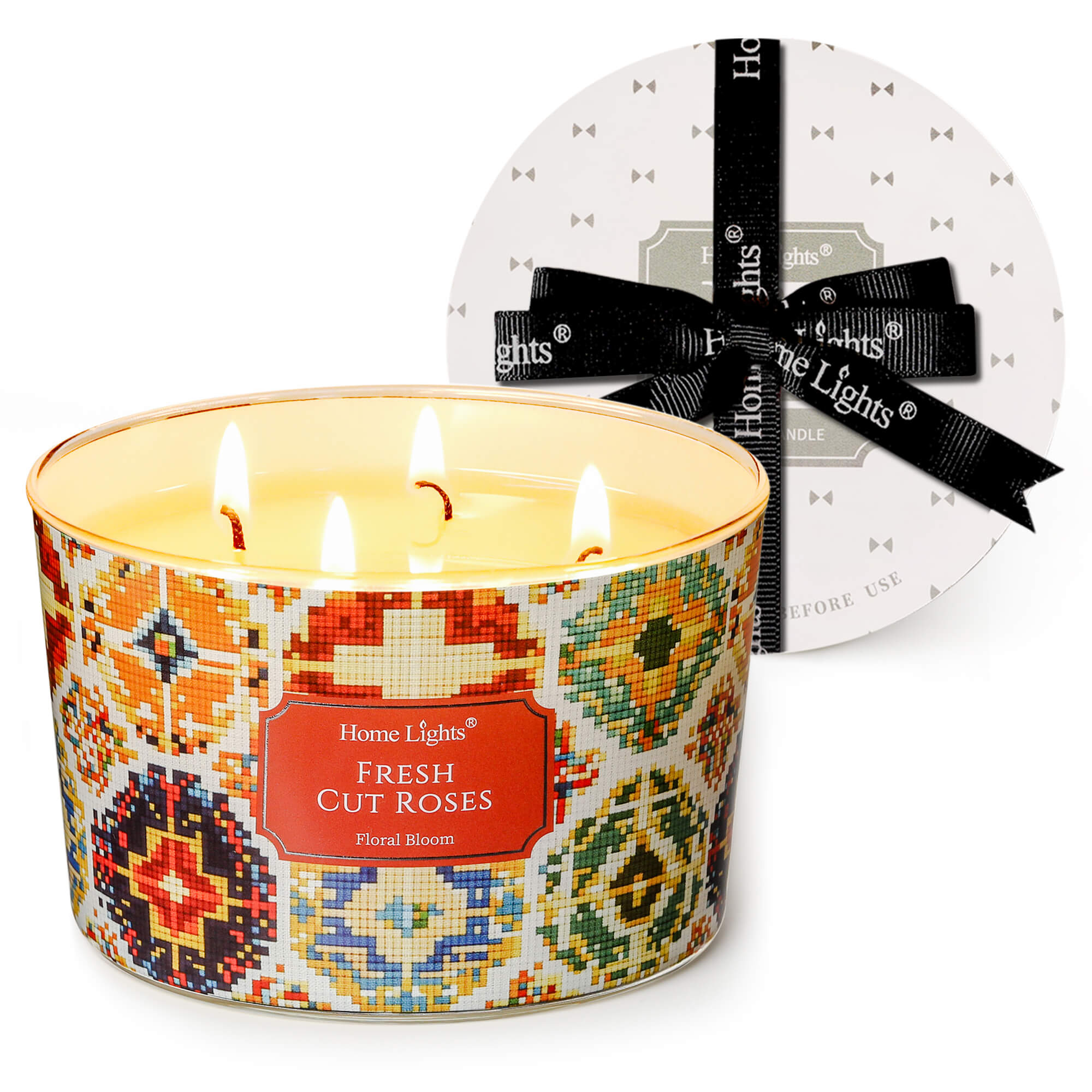 Picture of HomeLights 4-Wick Candles for Home Scented - 18oz Soy Wax Blend Candle Long-Lasting Fragrance, Bohemian Natural Textures Home Decor and Housewarming Gifts, Fresh Cut Roses