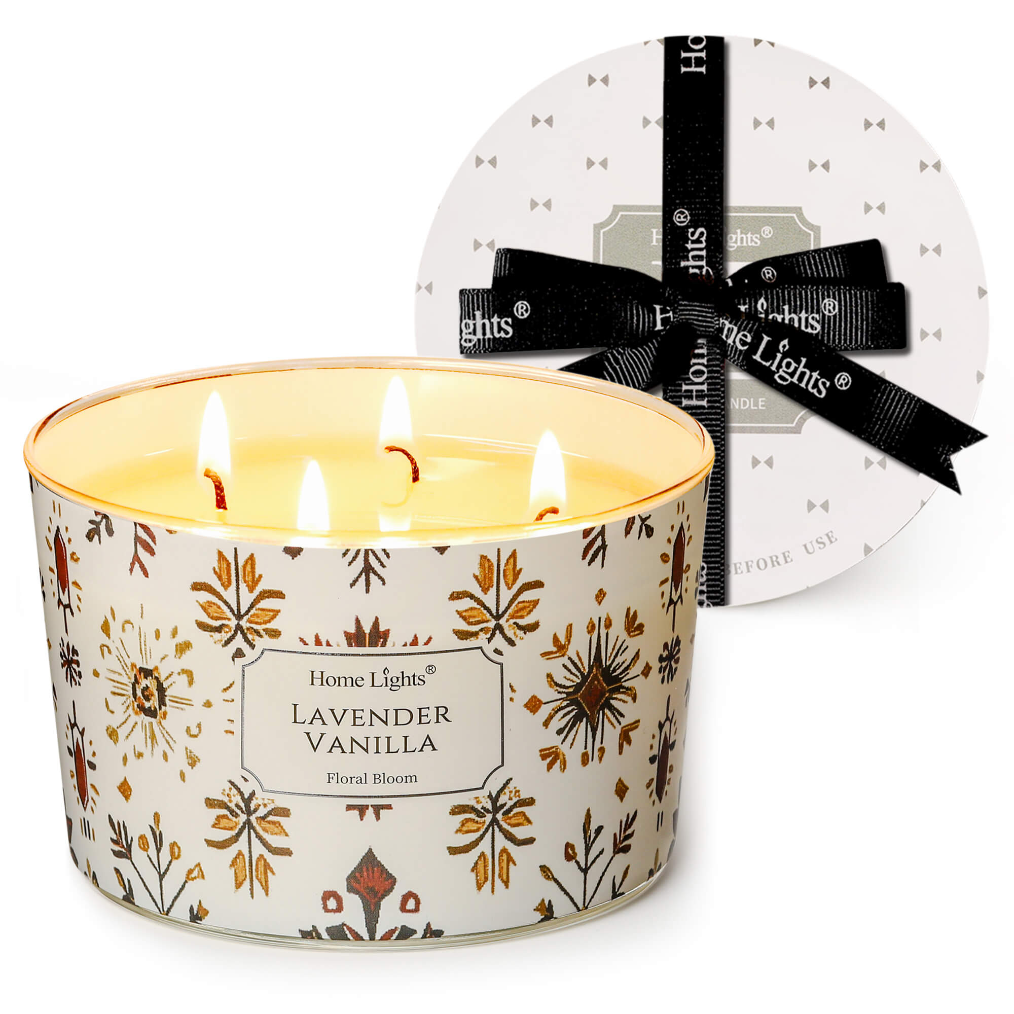 Picture of HomeLights Large jar Candle | 4-Wick Long-Lasting Scented Candles, 18oz Natural Soy Wax Candle for Home Scented, Bohemian Natural Textures Gifts for Women & Men, Lavender Vanilla