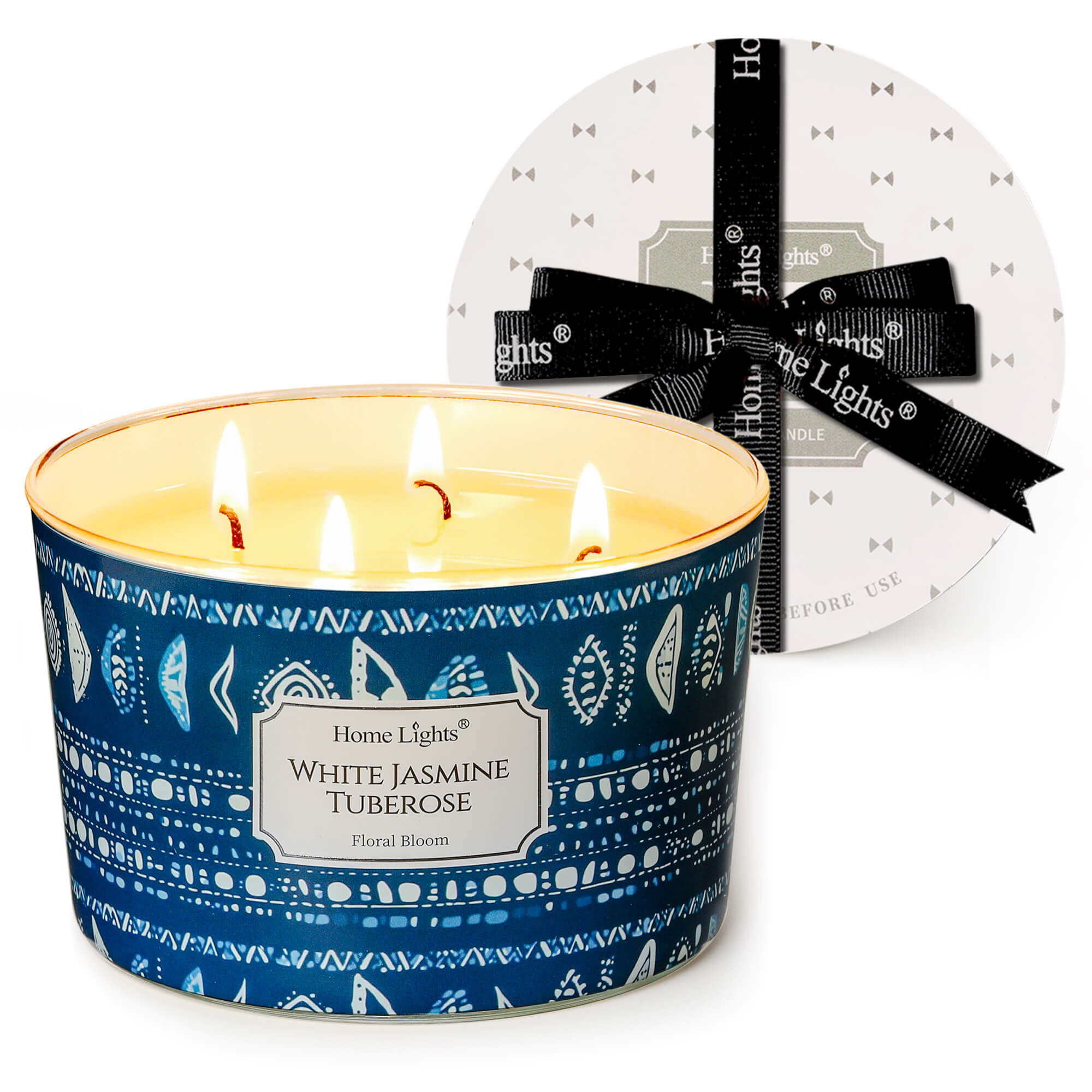 Picture of HomeLights Scented Candles for Women & Men, 18oz Candle Jars Aromatherapy 4-Wick Candle, Ideal for Bohemian Natural Textures Home Decor and Gifts, White Jasmine Tuberose