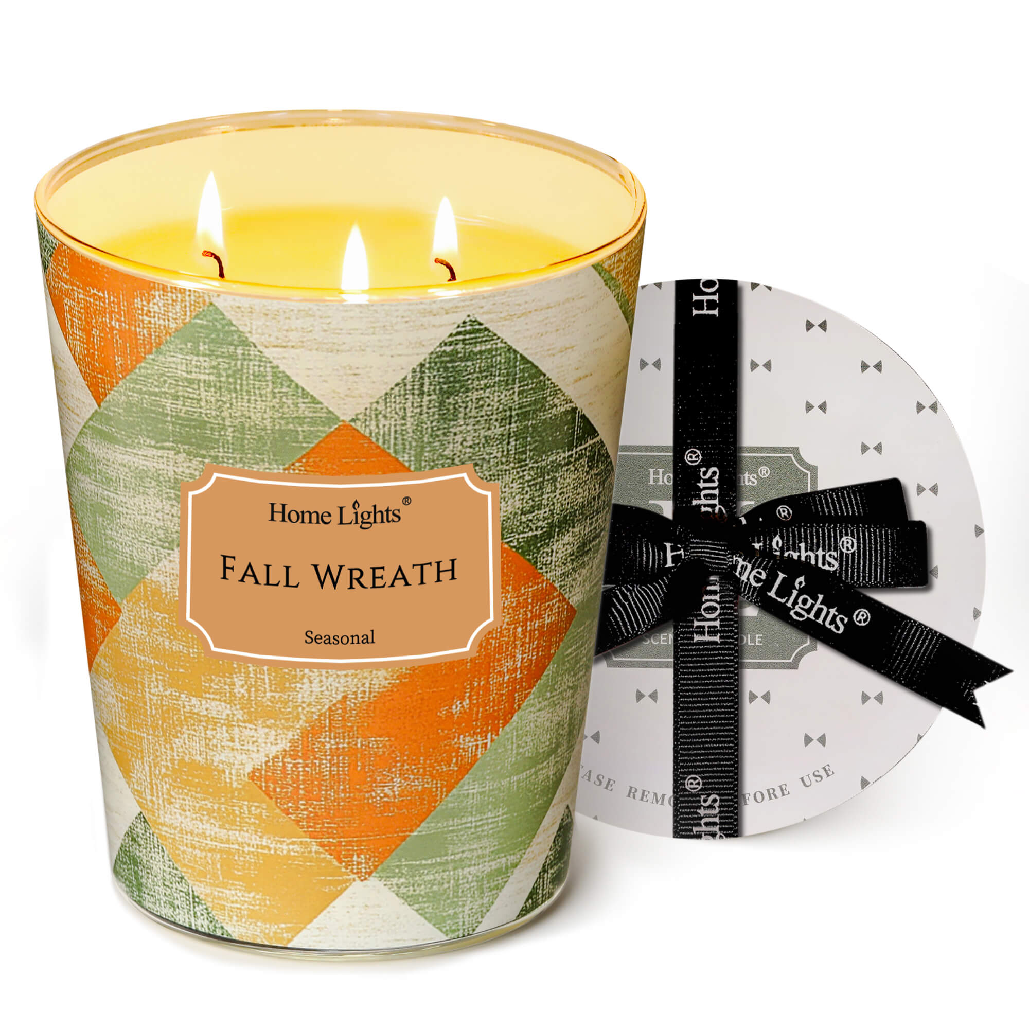 Picture of HomeLights Large jar Candle | 3-Wick Long-Lasting Scented Candles, 34oz Natural Soy Wax Candle for Home Scented, Rustic Modern Gifts for Women & Men, Fall Wreath